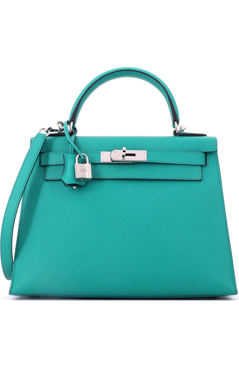 Pre-Owned Hermes Kelly Handbag Blue Epsom with Palladium Hardware 28, Main, color, Bleu Paon