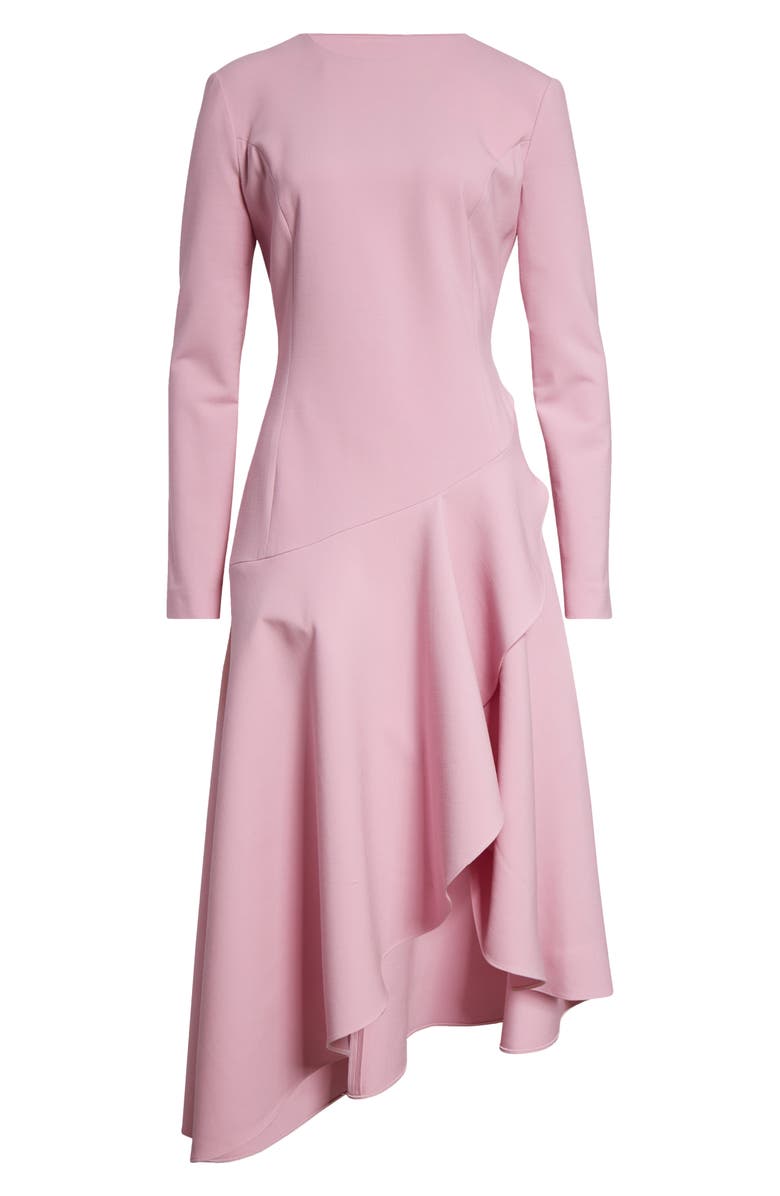 Oscar de la Renta Asymmetric Long Sleeve Stretch Wool Dress, Alternate, color, Lily