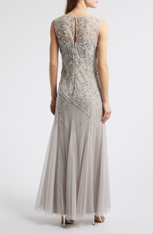 Pisarro Nights Geometric Beaded Sleeveless Gown In Silver