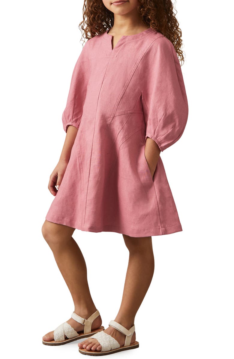 Reiss Kids' Romy Jr. Puff Sleeve Linen Dress, Alternate, color, Pink