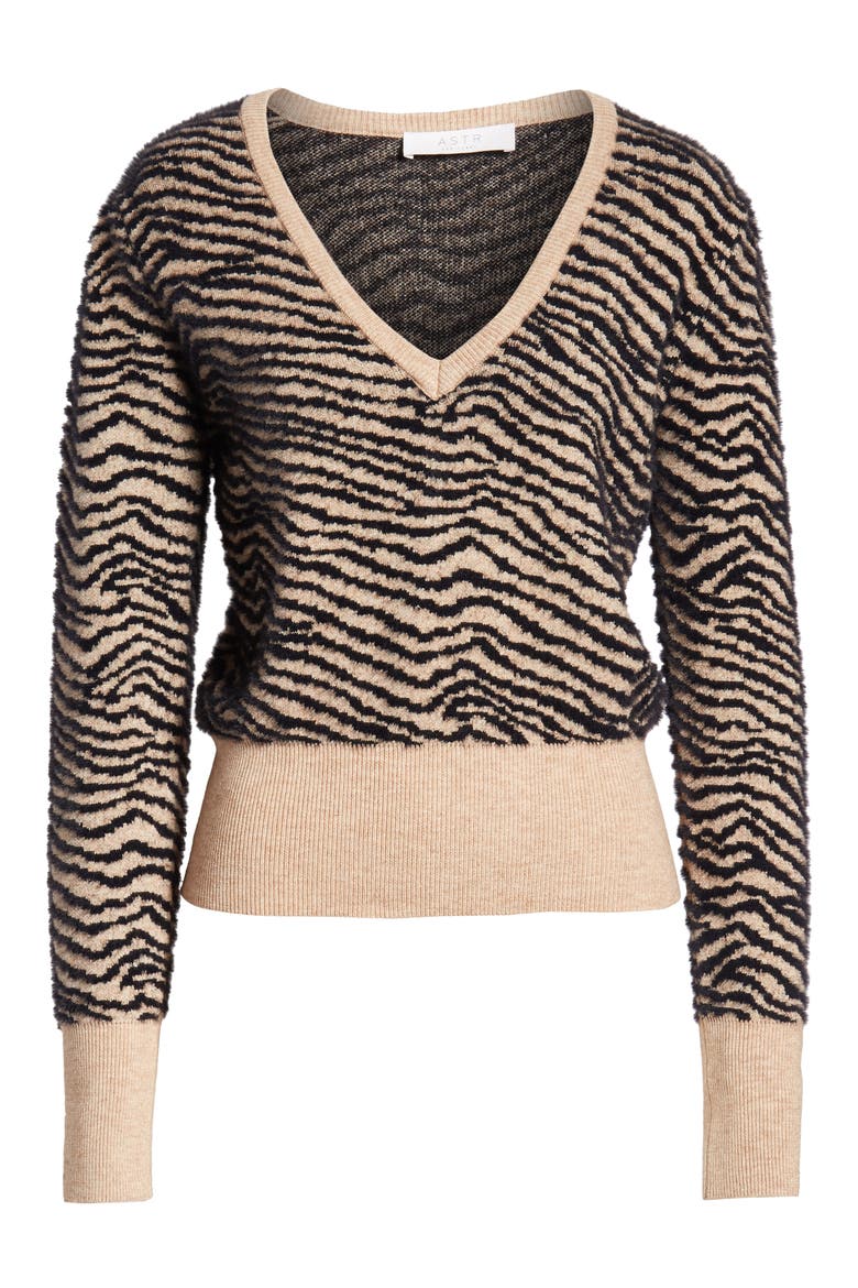Tiger Stripe V-Neck Sweater, Alternate, color, TAUPE