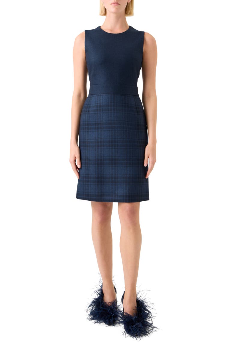 Check Wool Sheath Dress, Main, color, DENIM-BLACK