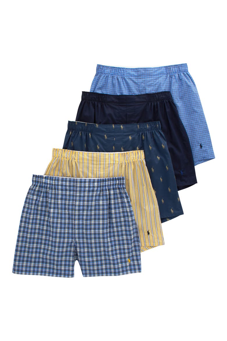 Assorted 5-Pack Woven Cotton Boxers, Main, color, NAVY