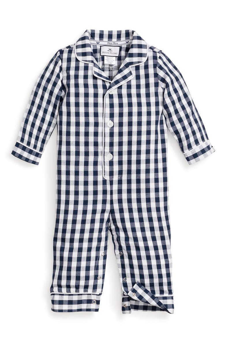 Petite Plume Gingham Romper, Main, color, Navy