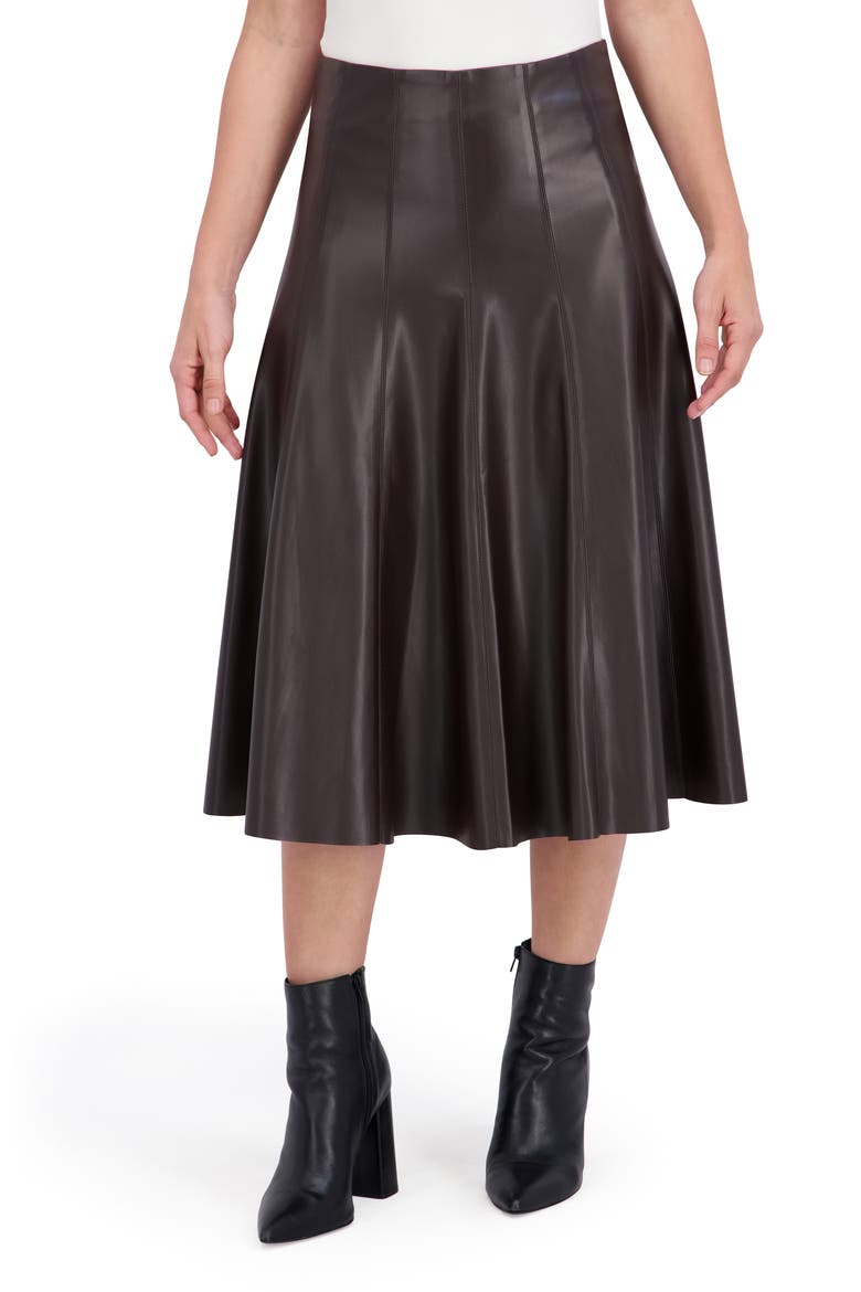 Supersoft Faux Leather Flounce Midi Skirt, Main, color, BROWN