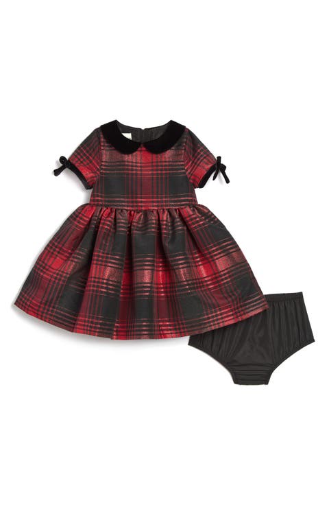 Molly Velvet Trim Plaid Peter Pan Collar Party Dress with Bloomers (Baby)