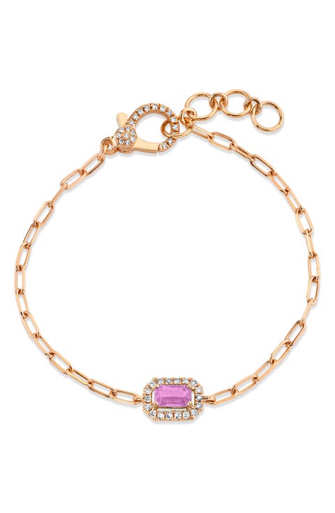 18K Gold Diamond Halo Pink Sapphire Bracelet