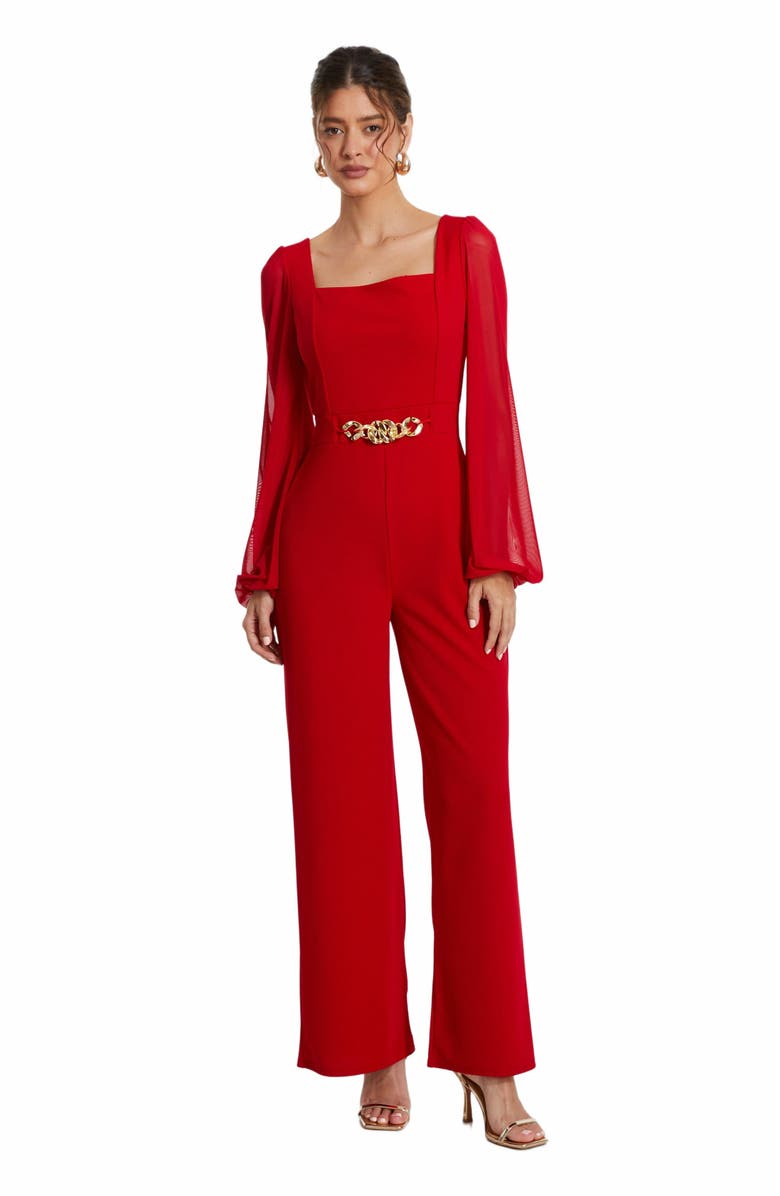 QUIZ Scuba Crepe Chiffon Sleeve Jumpsuit, Main, color, Red