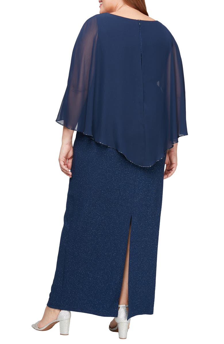 SL FASHIONS Shimmer & Beaded Chiffon Capelet Gown, Alternate, color, Navy