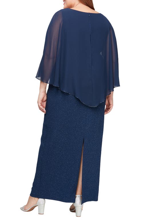 Sl Fashions Shimmer & Beaded Chiffon Capelet Gown In Navy