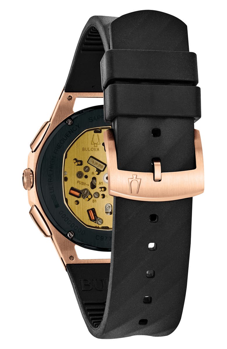 BULOVA CURV Chronograph Rubber Strap Watch, 44mm, Alternate, color, Black