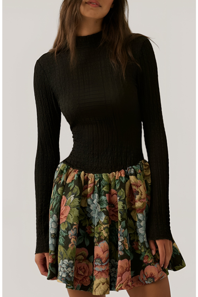 Rib-Knit Mock Neck Long Sleeve Dress with Floral Skirt, Alternate, color, Multicolored Floral