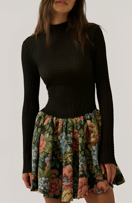 Modenaire Rib-knit Mock Neck Long Sleeve Dress With Floral Skirt In Black