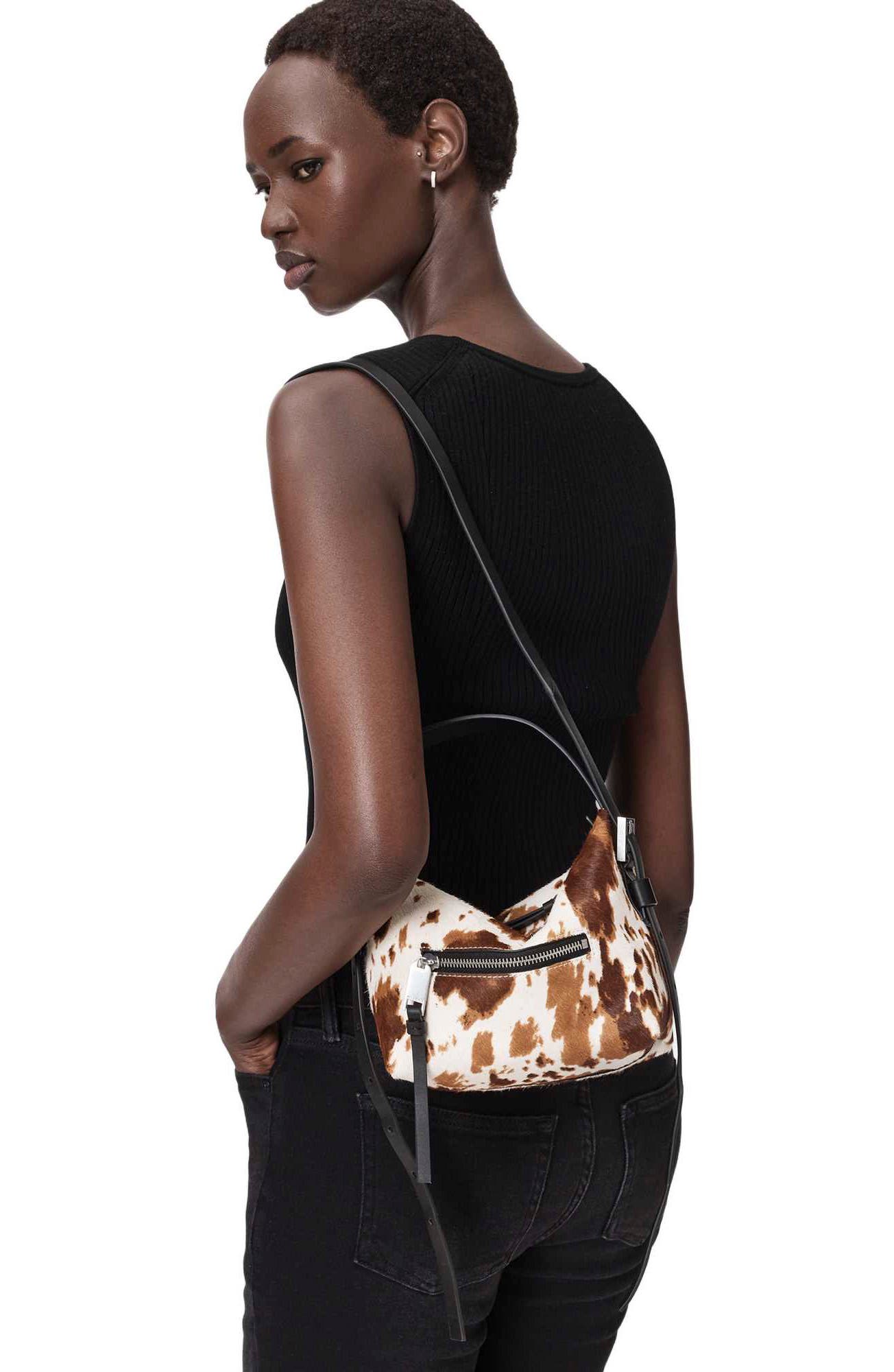 AllSaints Vega Grab Genuine Calf Hair Crossbody Bag, Alternate, color, Cow Print