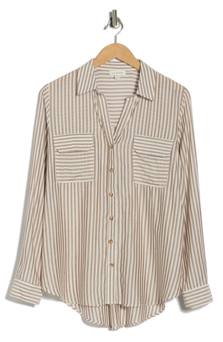 Blu Pepper Stripe Long Sleeve Button-Up Shirt, Main, color, Brown