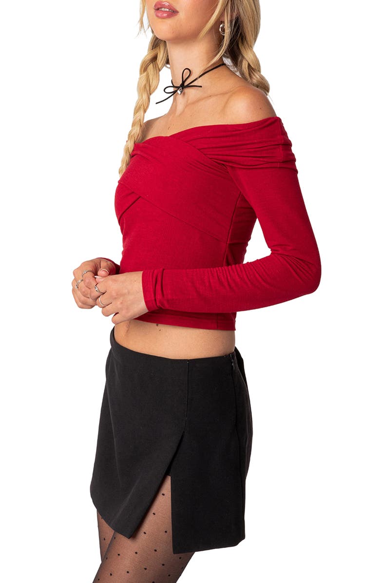 EDIKTED Off the Shoulder Long Sleeve Crop Top, Alternate, color, Red
