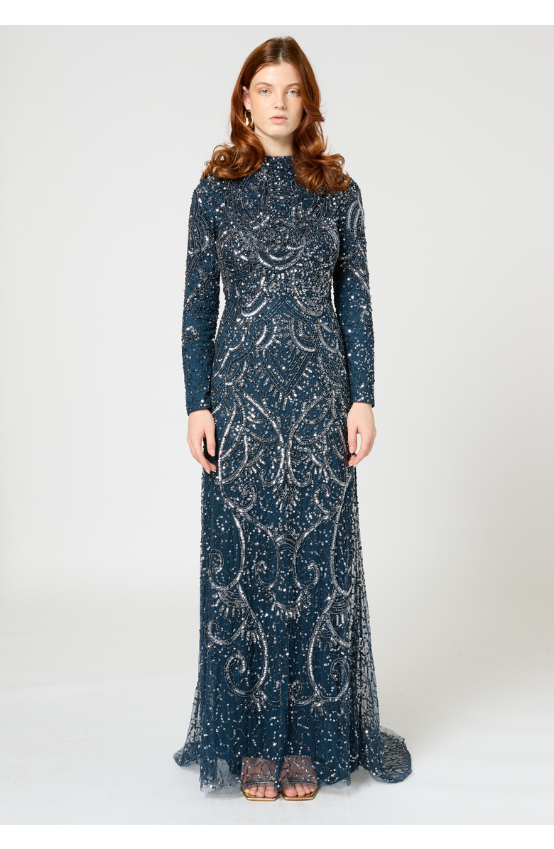 MARYISA Occasion Modest Embellished Sequin Beaded High Neck Evening Maxi Dress, Main, color,
