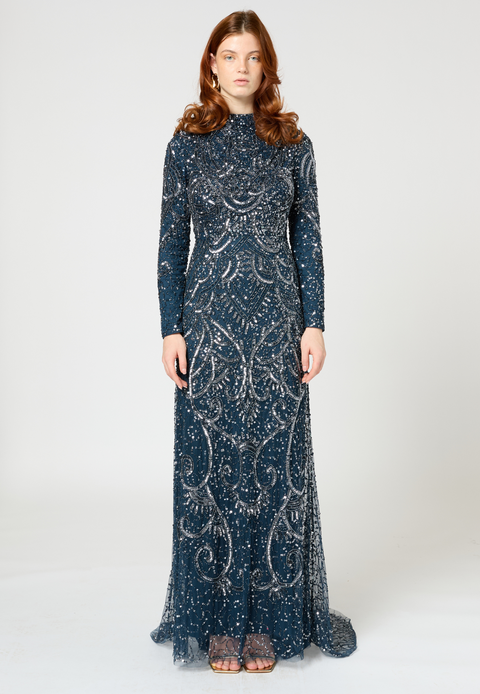 Occasion Modest Embellished Sequin Beaded High Neck Evening Maxi Dress