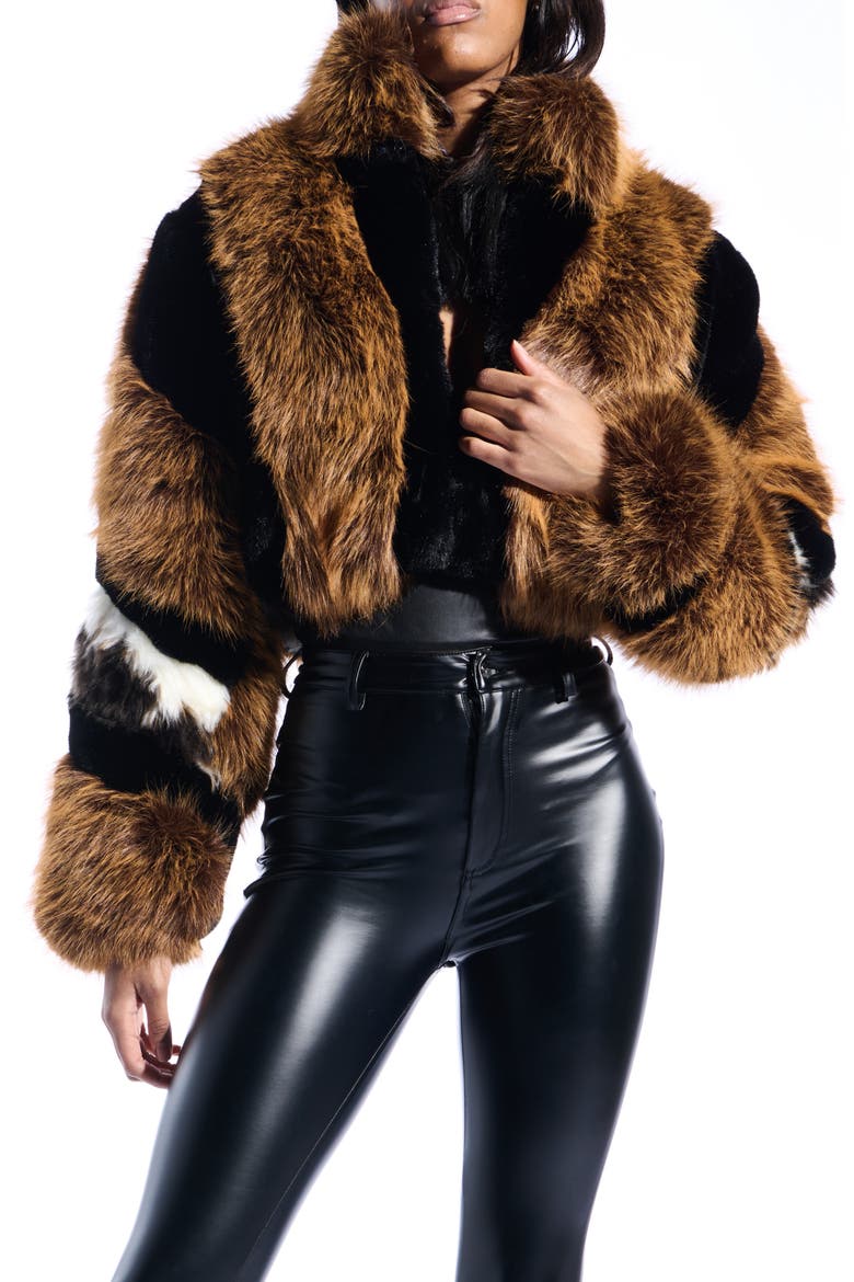 Chiara Faux Fur Crop Jacket, Main, color, BROWN MULTI