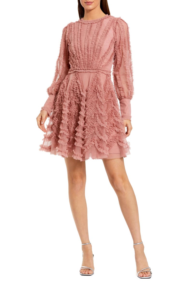 Mac Duggal Ruffle Lace Up Back Long Sleeve Mini Dress, Main, color, Rose