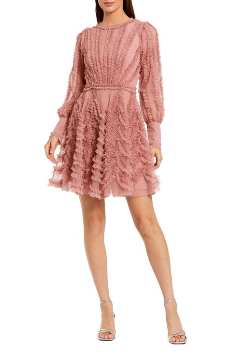 Ruffle Lace Up Back Long Sleeve Mini Dress