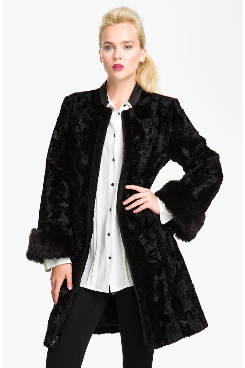 Faux Fur Coat with Scarf, Alternate, color, BLACK
