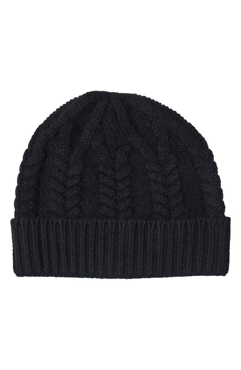 Sofia Cashmere Cable Stitched Cuffed Cashmere Beanie, Main, color, Black