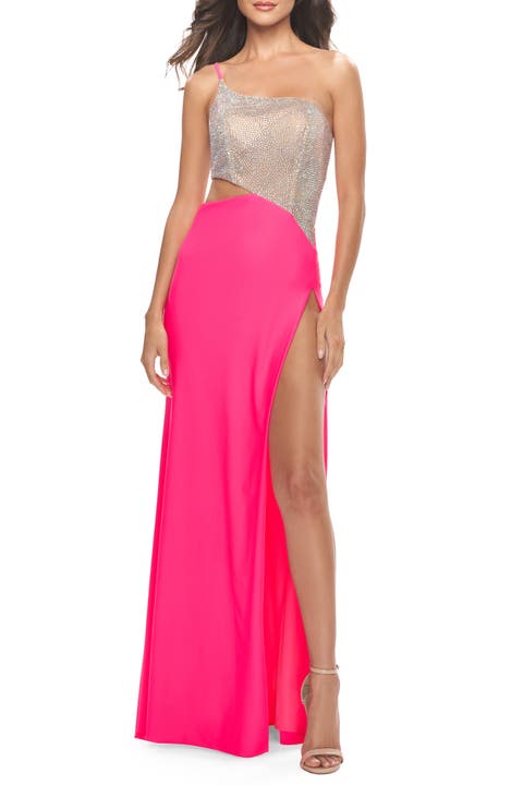 One Shoulder Dress with Side Cut Out and Rhinestone Bodice