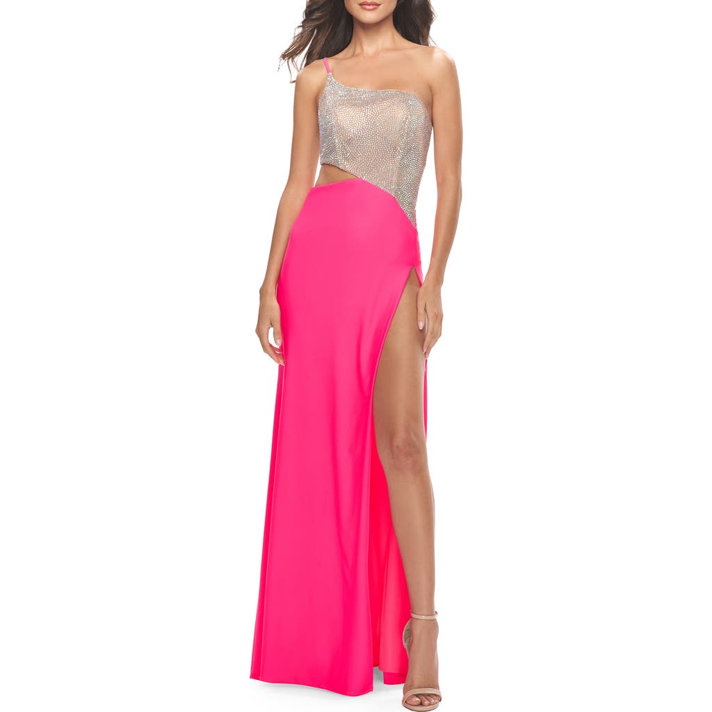 La Femme One Shoulder Dress With Side Cut Out And Rhinestone Bodice In Neon Pink