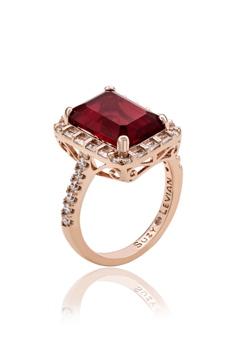 Emerald Cut Cubic Zirconia Halo Ring, Alternate, color, RED