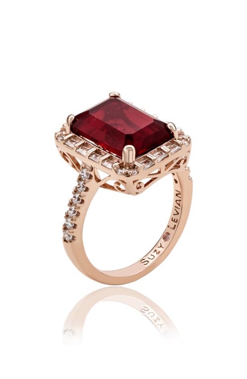 Suzy Levian Rose Sterling Silver Large Emerald-cut Red Cubic Zirconia And Baguette White Cubic Zirconia Halo Rin In Metallic