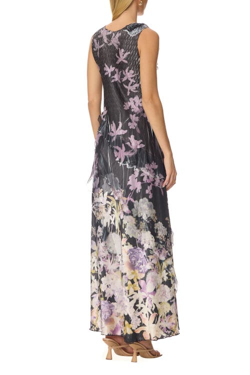 Komarov Border Print Chiffon And Chrarmeuse Long Dress In Gray