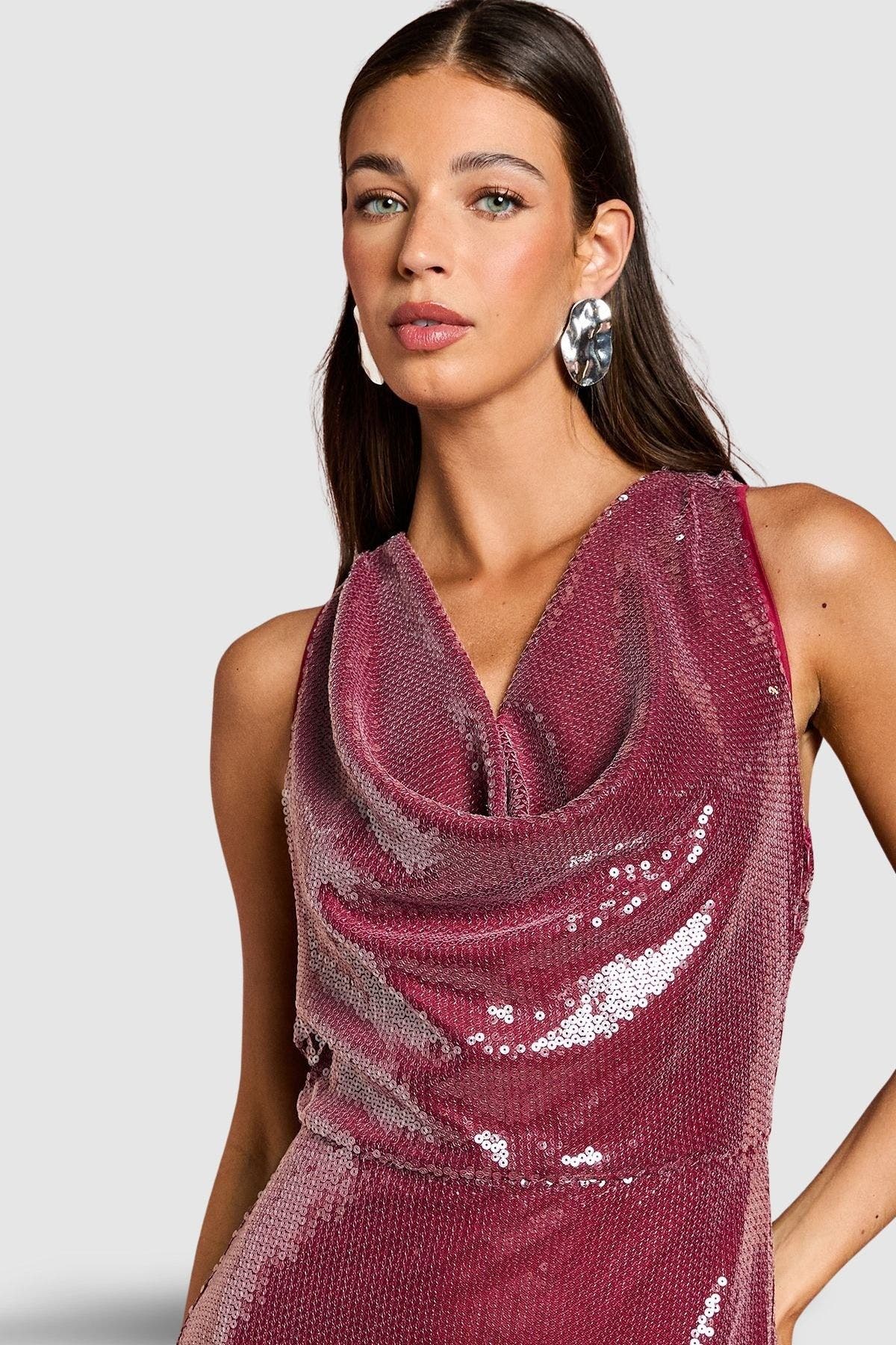 Cowl Front Halter Sequin Maxi Dress - image 2