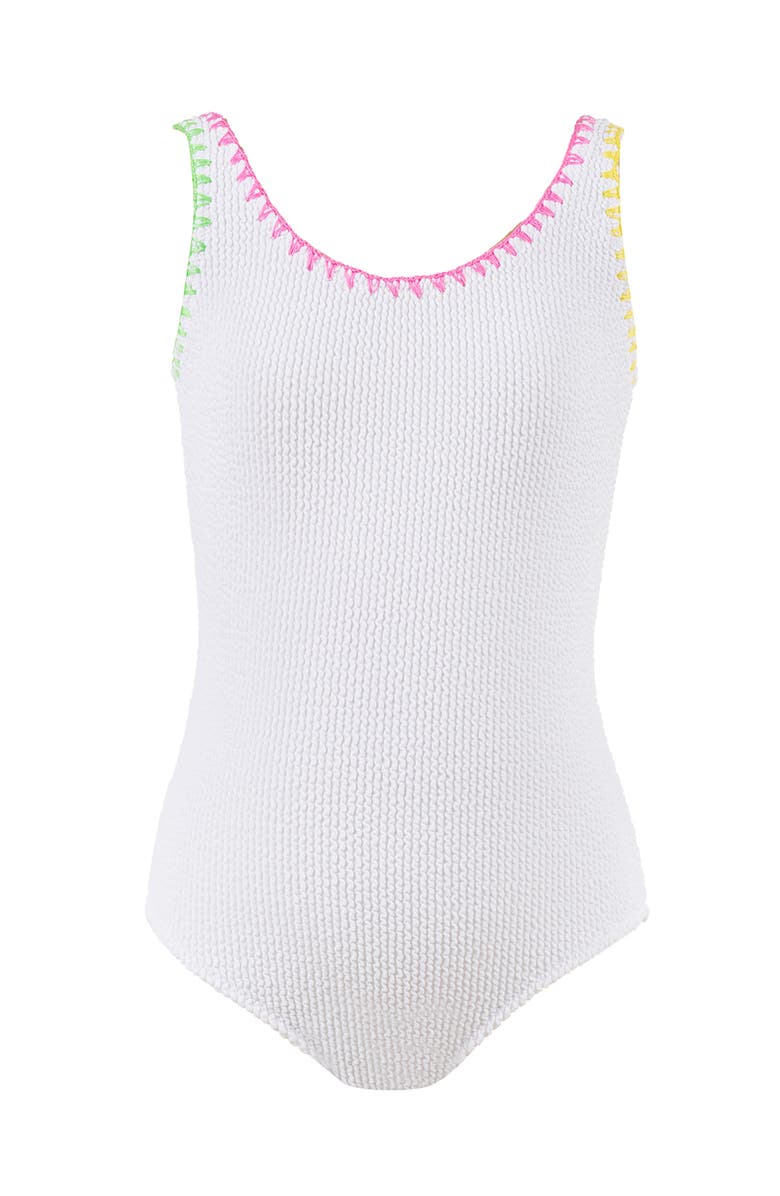 NESSI BYRD Textured Minimalist with Vibrant Embroidered Trim One-Piece Swimsuit, Main, color, White