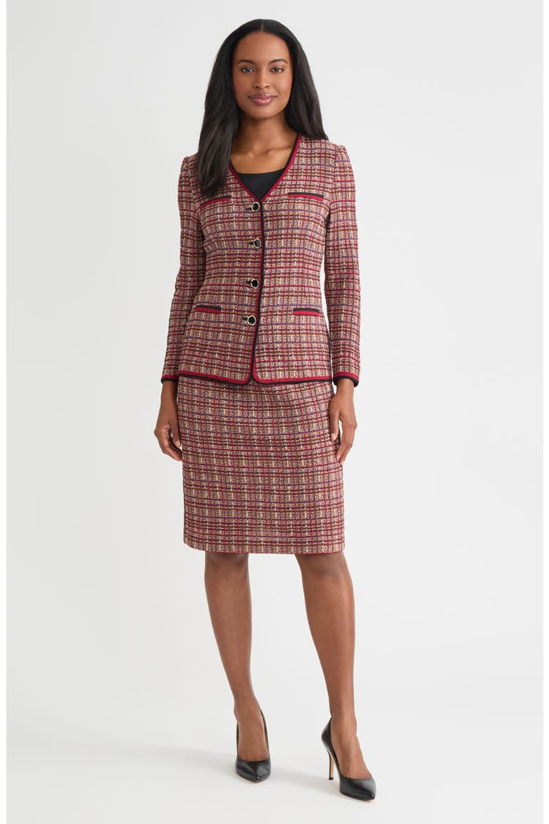 Tailored Plaid Multi-Stitch Knit Jacket, Alternate, color, Scarlet Red/Truffle