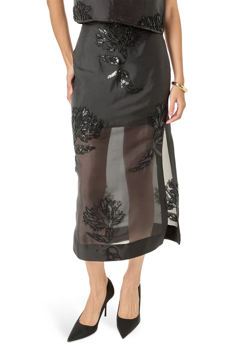 Floral Beaded Sheer Midi Skirt, Main, color, BLACK