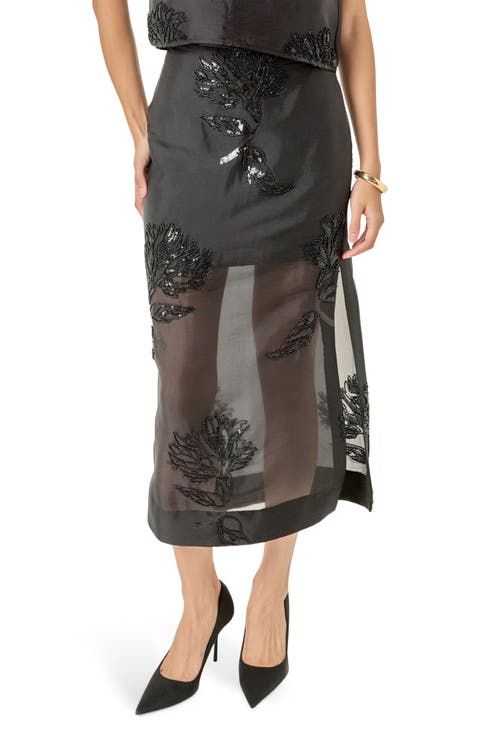 Floral Beaded Sheer Midi Skirt