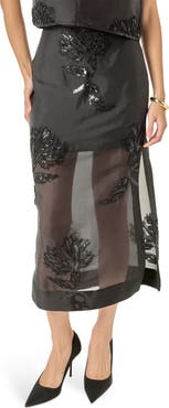 English Factory Floral Beaded Sheer Midi Skirt