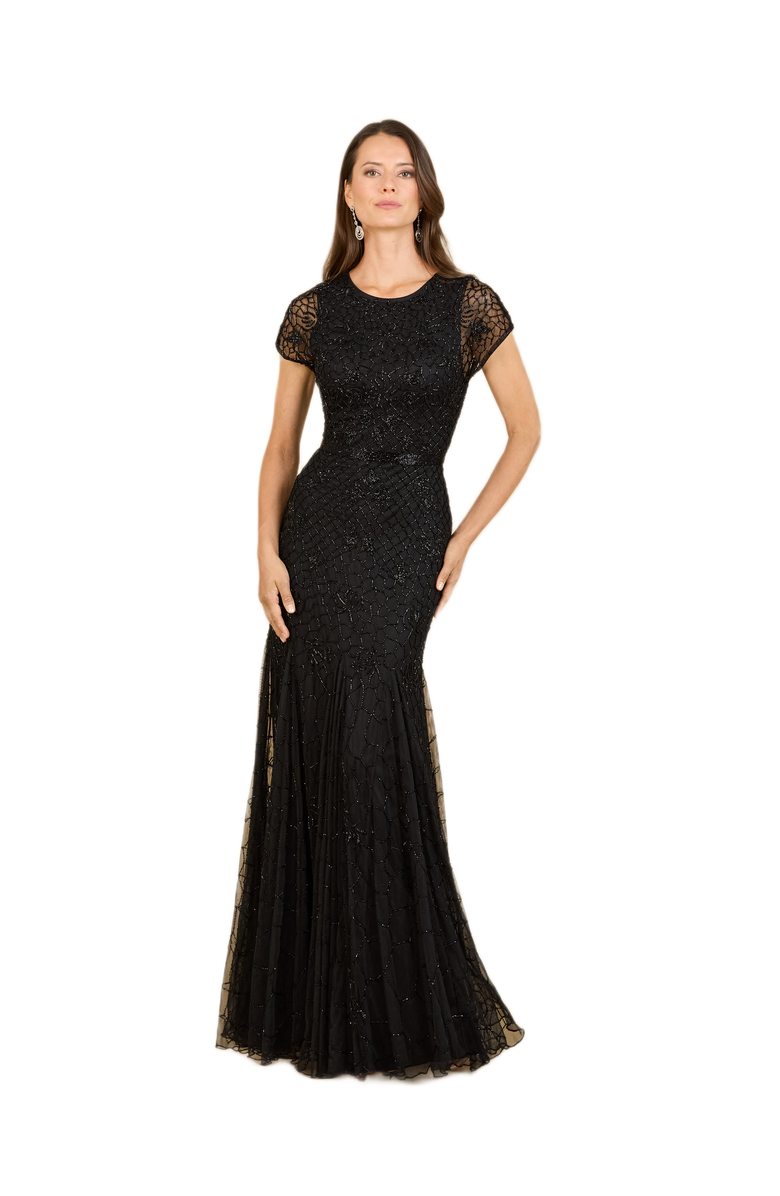 LARA New York Beaded Mermaid Cap Sleeve Gown, Main, color, Black