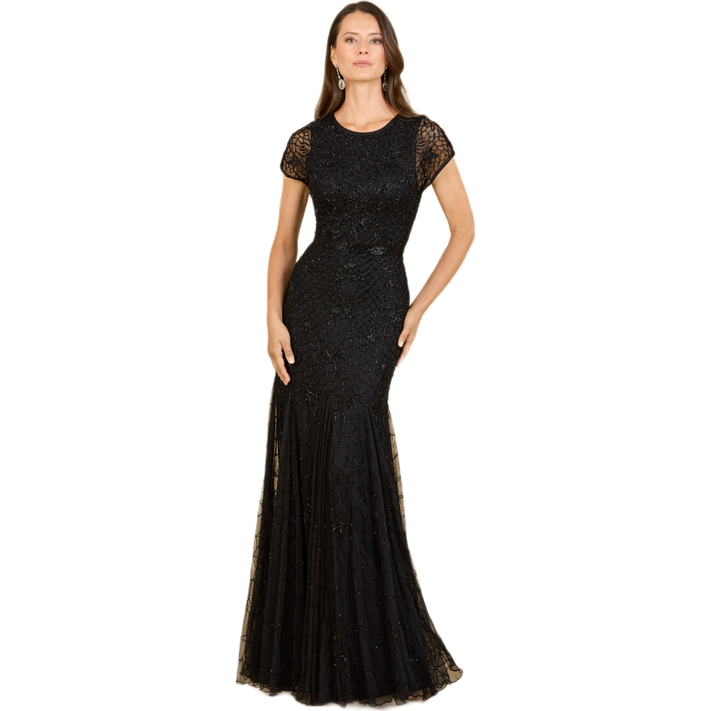 Lara New York Beaded Mermaid Cap Sleeve Gown In Black