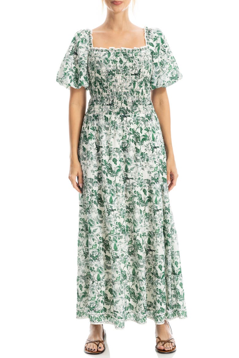 Print Smocked Puff Sleeve Maxi Dress, Main, color, CREAM/ GREEN LUSH GARDEN