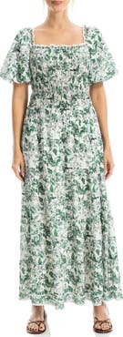 MAX STUDIO Print Smocked Puff Sleeve Maxi Dress