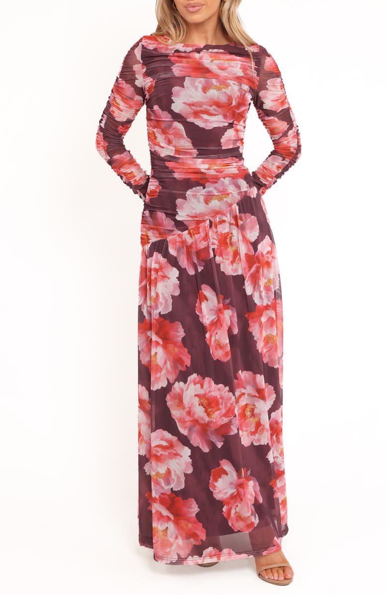 Petal & Pup Calypso Floral Ruched Long Sleeve Mesh Maxi Dress, Main, color, Burgundy Peony