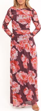 Petal & Pup Calypso Floral Ruched Long Sleeve Mesh Maxi Dress