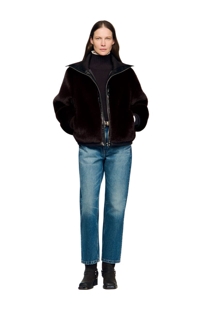 SANDRO Short faux fur coat, Alternate, color, Brown