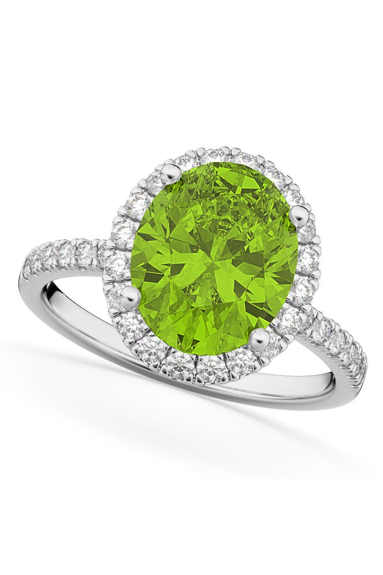 Oval Cut Halo Peridot & Diamond Engagement Ring 14K, Main, color, 3.01ct/White Gold