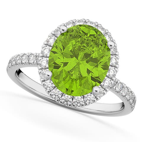 Oval Cut Halo Peridot & Diamond Engagement Ring 14K