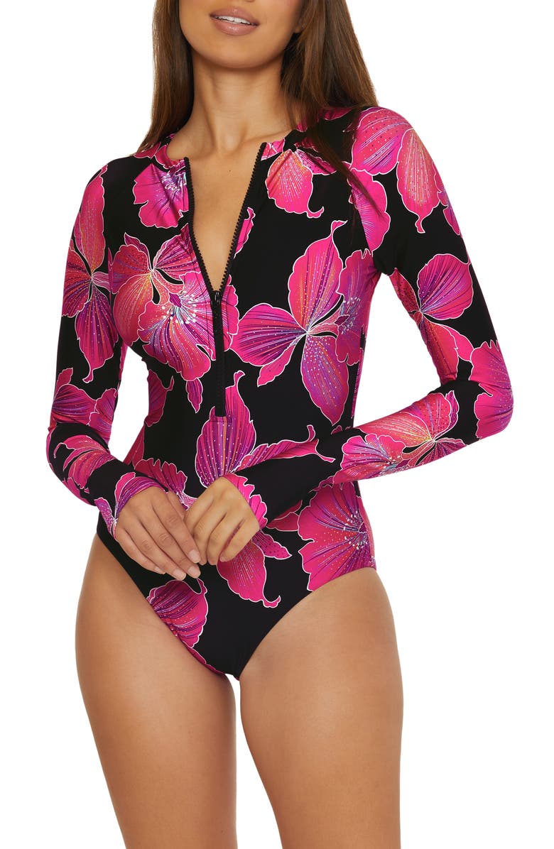 Trina Turk Fluery Zip Long Sleeve One-Piece Swimsuit, Main, color, 