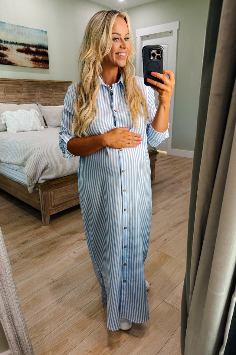 Striped Button Down Maxi Dress, Alternate, color, Light Blue