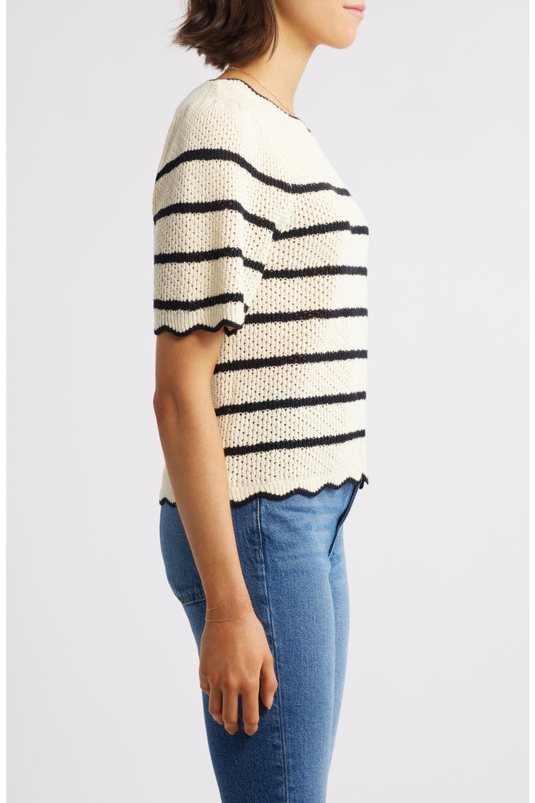 Stripe Scallop Edge Short Sleeve Sweater, Alternate, color, IVORY/ BLACK